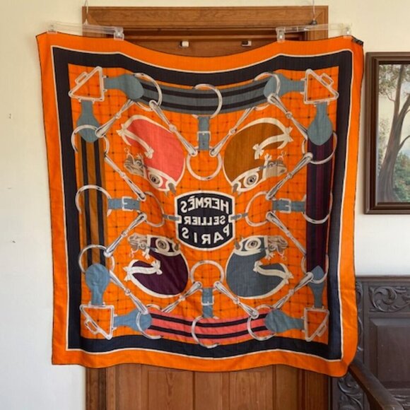 AUTHENTIC HERMES Sellier Henri D'Origny Shawl Wrap Orange Cashmere Silk … - Picture 4 of 16